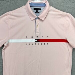 Tommy Hilfiger Shirt Polo Mens 2XL Pink Big Logo Custom Fit Casual Rugby Stretch